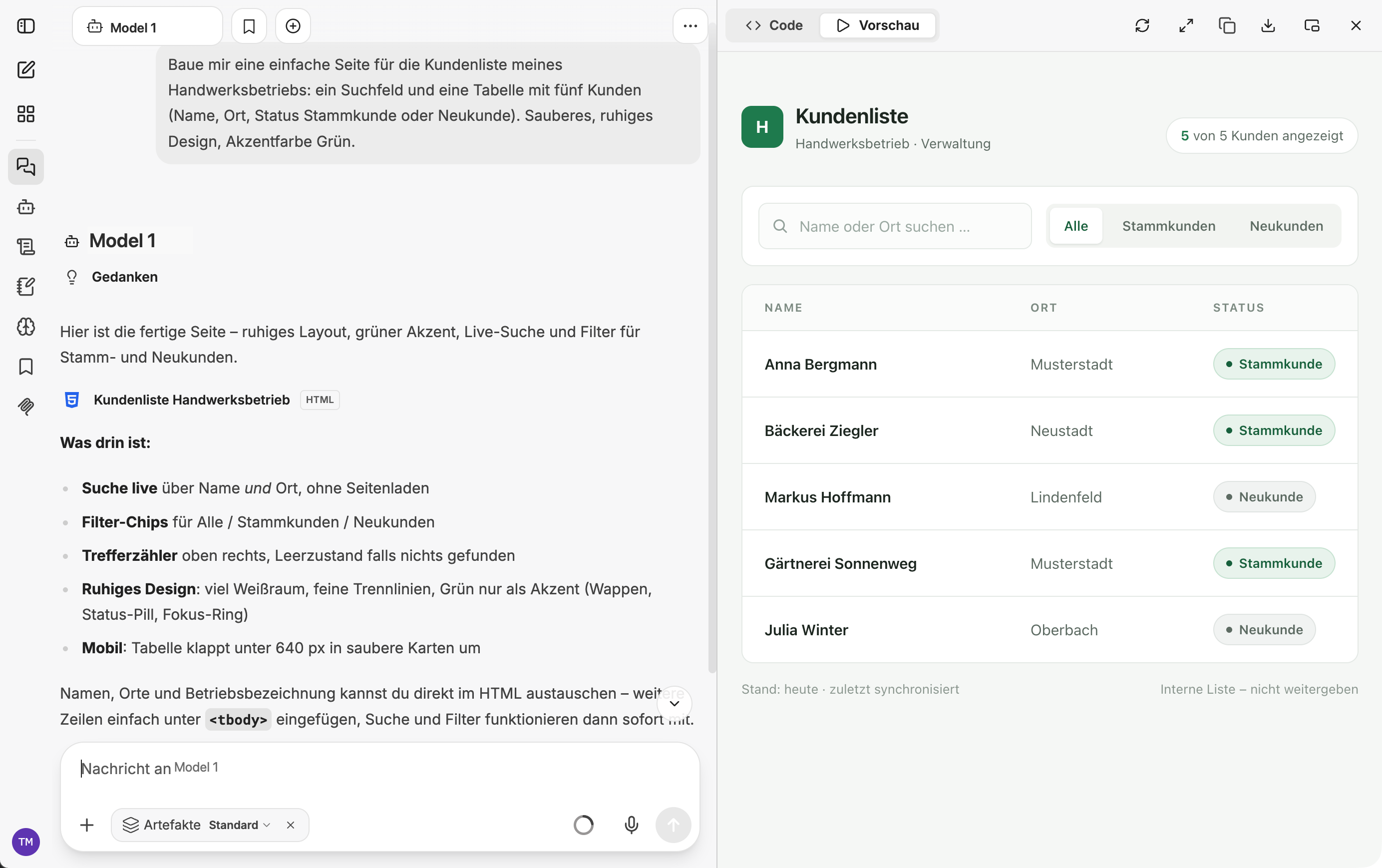 Chat und Ergebnis in der MAVENS Werkstatt